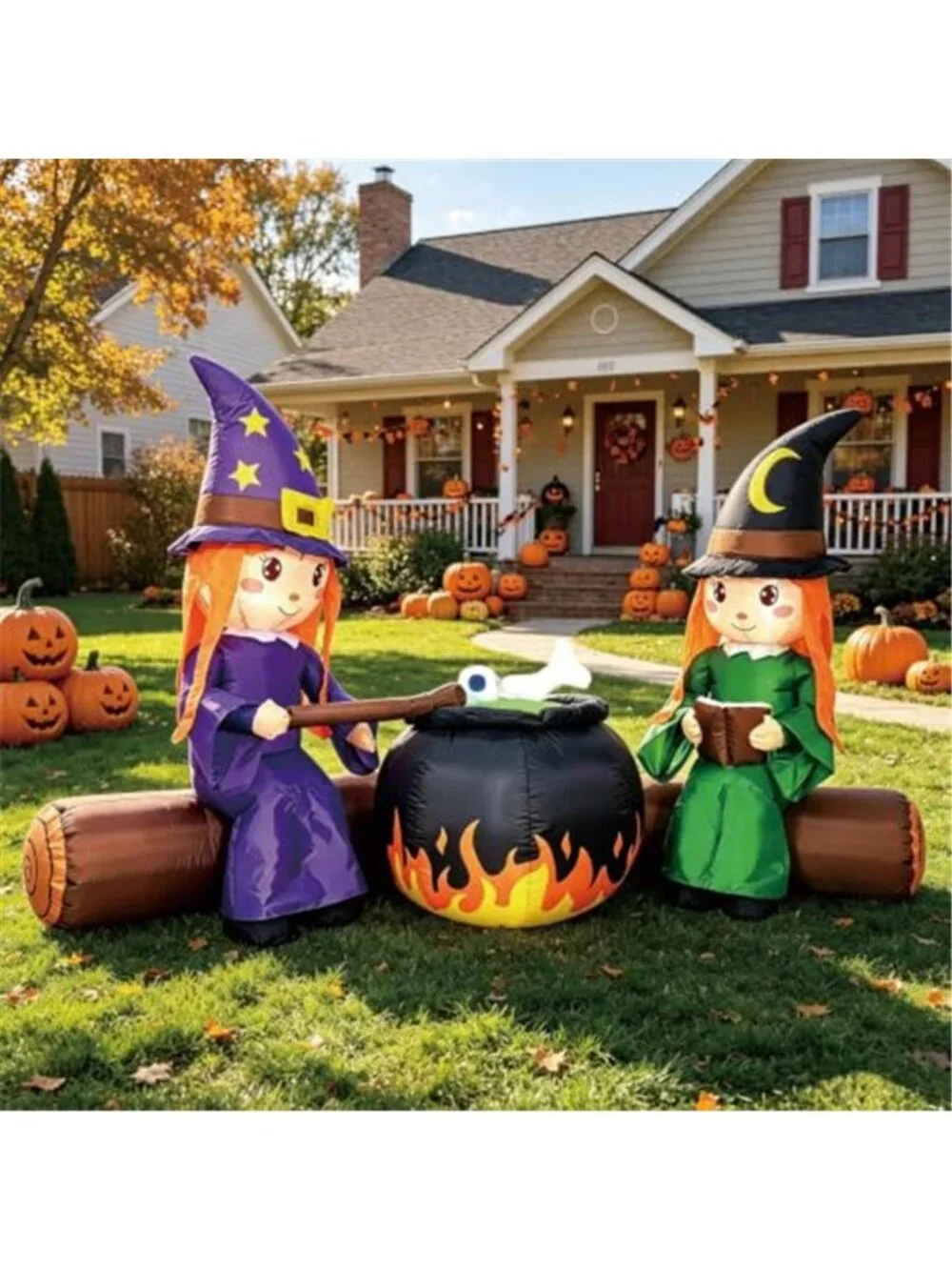 6FT Halloween Inflatable Blow Up Decorations, Cute Witches with Cauldron Over